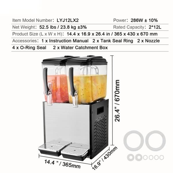 Kommerciel drikkevaredispenser 12L x 2 tanke, kold juice og isdrik, hurtig distribuation, ideel til fest og arrangementer.