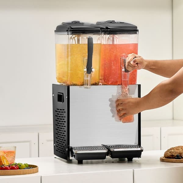 Kommerciel drikkevaredispenser 12L x 2 tanke, kold juice og isdrik, hurtig distribuation, ideel til fest og arrangementer.