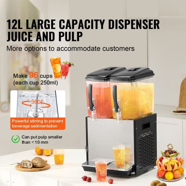 Kommerciel drikkevaredispenser 12L x 2 tanke, kold juice og isdrik, hurtig distribuation, ideel til fest og arrangementer.