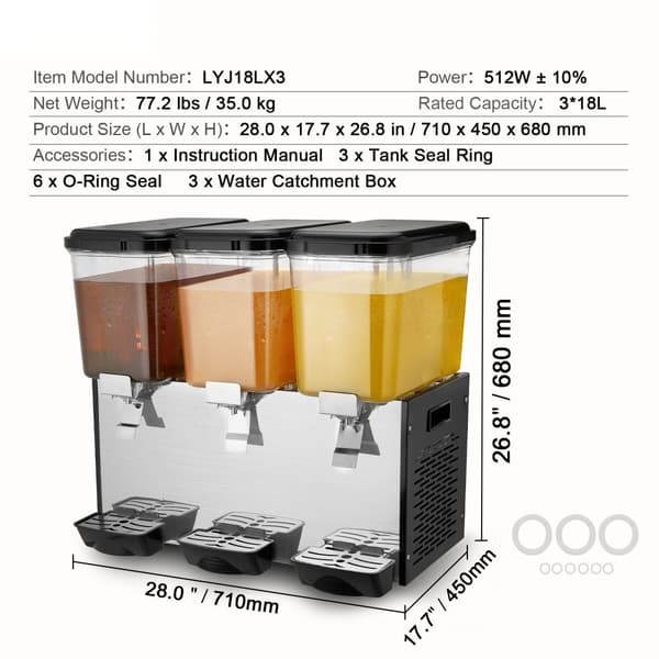 Kommerciel 18L drikkevaredispenser med 3 tanke, kold juice og isdrik, perfekt til caféer og events.