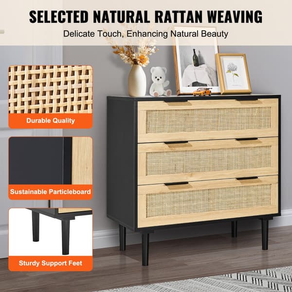 Rattan Skuffe Kommode 3 Skuffer, Natur Rattan, Perfekt til Soveværelse, Stilfuld Opbevaring, Pladsbesparende Design.