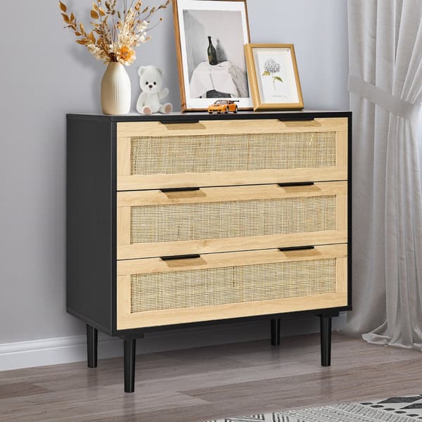 Rattan Skuffe Kommode 3 Skuffer, Natur Rattan, Perfekt til Soveværelse, Stilfuld Opbevaring, Pladsbesparende Design.