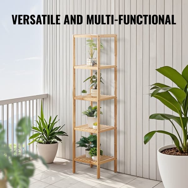 Hörn Stående Bokhylla 5-vånings, Bamboo Stege, Smal Växthus Hylla, Elegant Design, Hållbar, Utrymmeseffektiv, Modern Inredning