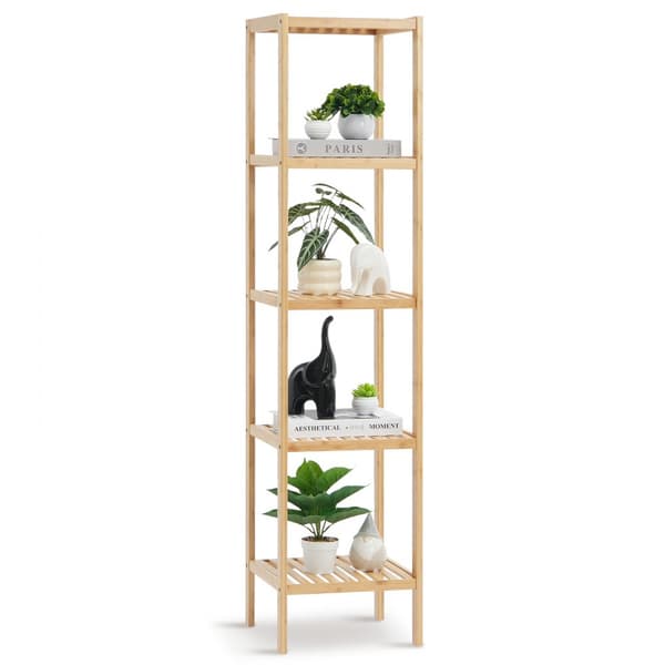 Hörn Stående Bokhylla 5-vånings, Bamboo Stege, Smal Växthus Hylla, Elegant Design, Hållbar, Utrymmeseffektiv, Modern Inredning