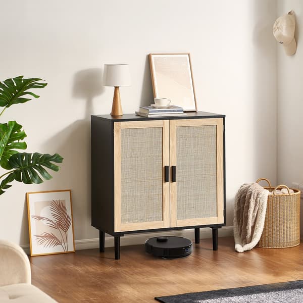 Sort Rattan Skabsopbevaring med 2 Magnetlåger & Justerbare Hylder, Perfekt til Opbevaring og Deko.