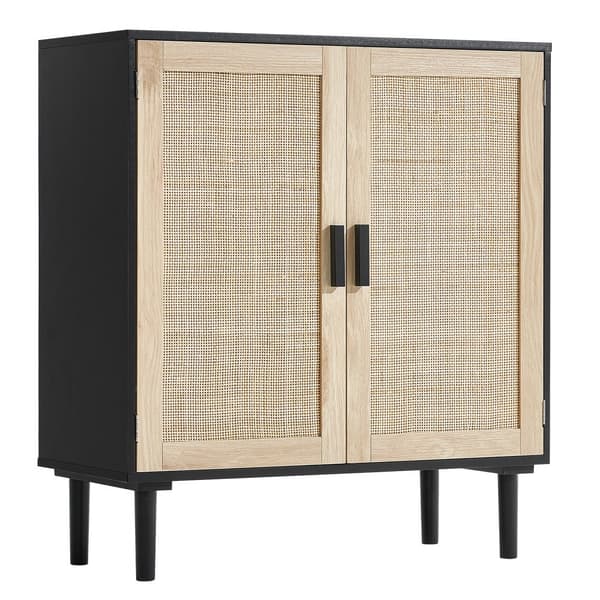 Sort Rattan Skabsopbevaring med 2 Magnetlåger & Justerbare Hylder, Perfekt til Opbevaring og Deko.