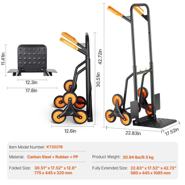 Trappeklatrevogn 440 lbs, sammenklappelig håndlastbil Dolly, 6 hjul, robust design til nem transport og håndtering.