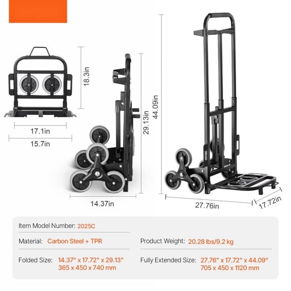 Raskaiden kuormien taitettava porraskiipeilyvaunu Dolly 210 kg, 6 pyörää, kestävä käsiauto