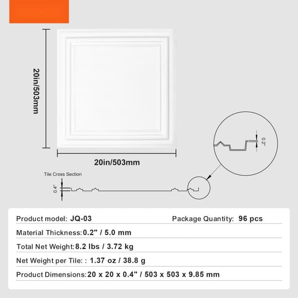 Loftfliser 96-Pak 20 x 20 cm i polystyren, nem installation, letvægts, isolerende og moderne design til ethvert rum.