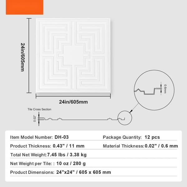 Loftfliser 12-pak 24x24 cm i PVC, nem installation, hvidt ekkomønster, moderne design til hjemmet.