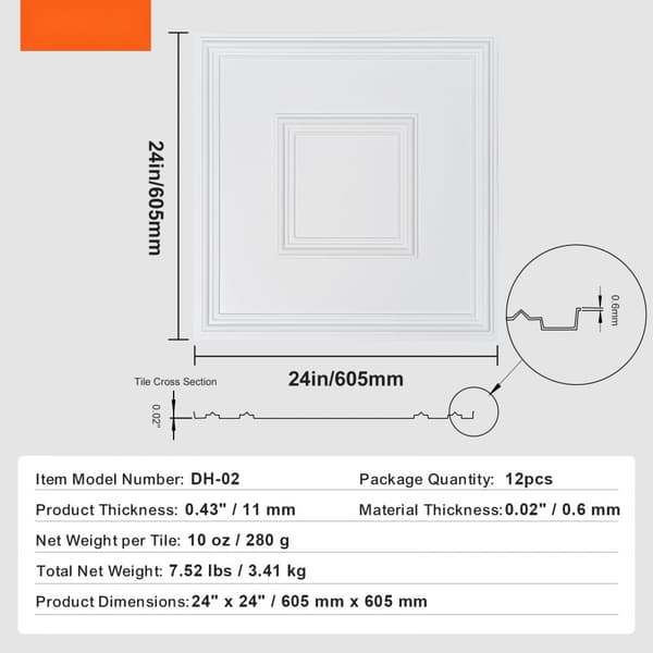 Loftfliser 12-pak, 24x24 cm PVC, nem installation, hvid geometrisk, moderne design til indretning.