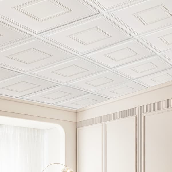 Loftfliser 12-pak, 24x24 cm PVC, nem installation, hvid geometrisk, moderne design til indretning.