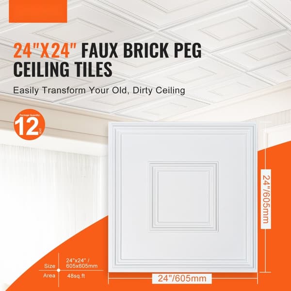 Loftfliser 12-pak, 24x24 cm PVC, nem installation, hvid geometrisk, moderne design til indretning.