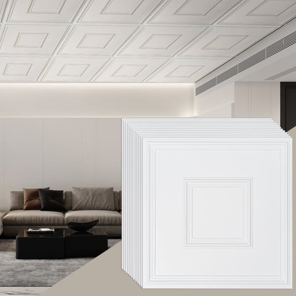 Loftfliser 12-pak, 24x24 cm PVC, nem installation, hvid geometrisk, moderne design til indretning.
