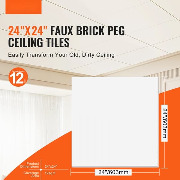 Loftfliser 12-pak, 24x24 cm, PVC-skum, brandklassificeret, glat hvid, ideel til indretning og renovering, nem installation.