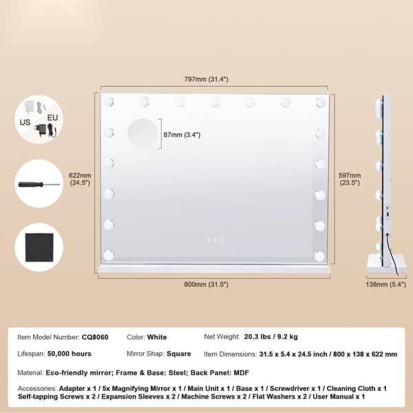 Hollywood Vanity Spejl Med Lys, USB Type C, 23.6in Desktop & Vægmontering, Elegant Belysning til Makeup