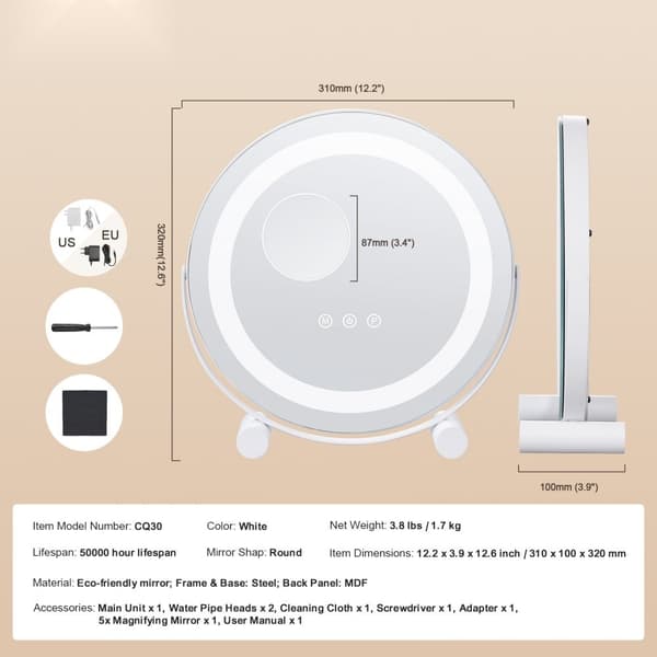 LED-valaistu meikkipeili 12 tuumaa, Smart Touch -ominaisuus, sisustus makuuhuoneeseen, monipuolinen käyttö
