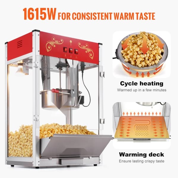 Popcornmaskine 1615W, 16 Oz, bordplade-hjemmaskine i rød, hurtig opvarmning, perfekt til film-aftener og fester.