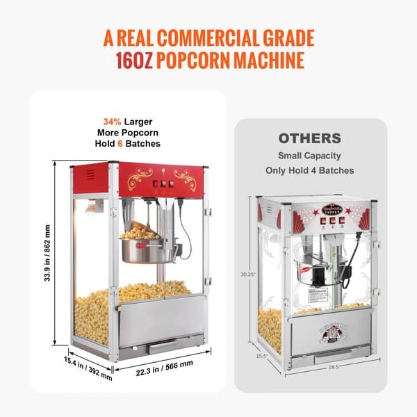 Popcornmaskine 1615W, 16 Oz, bordplade-hjemmaskine i rød, hurtig opvarmning, perfekt til film-aftener og fester.