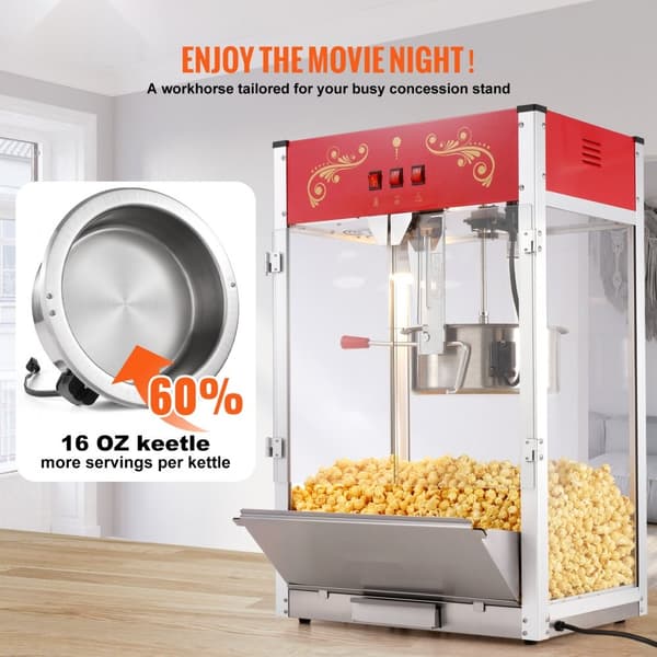 Popcornmaskine 1615W, 16 Oz, bordplade-hjemmaskine i rød, hurtig opvarmning, perfekt til film-aftener og fester.
