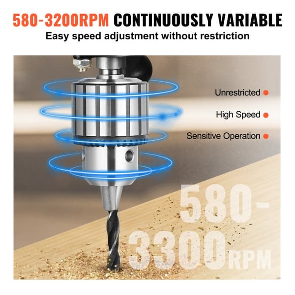 Penkkiporakone 750 W, säädettävä nopeus 440-2580 rpm, 12 tuuman kääntö, kallistuva työpöytä, LED-työvalo, röntgenasemointi