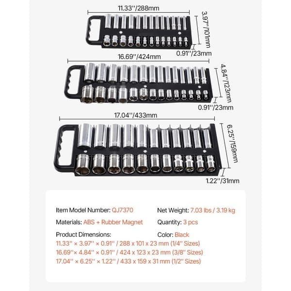 Bærbar Socket Organizer Sæt 3 STK, 76-Clip Magnetisk Socket Bakke, Metrisk og SAE, Effektiv Opbevaring til Værktøj.