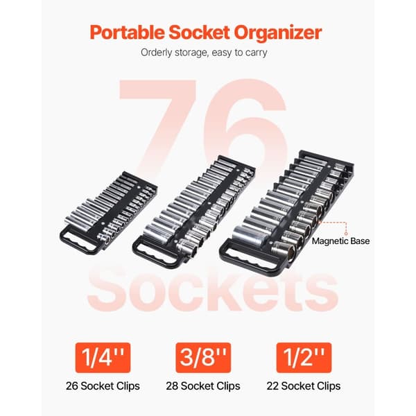 Bærbar Socket Organizer Sæt 3 STK, 76-Clip Magnetisk Socket Bakke, Metrisk og SAE, Effektiv Opbevaring til Værktøj.