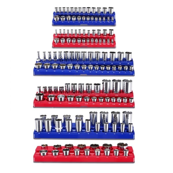 Magnetisk Stikorganisator Sæt 6 STK fatningsbakker, Blå & Rød, til Metrisk & SAE, Hold orden på værktøjet, Effektiv opbevaring.