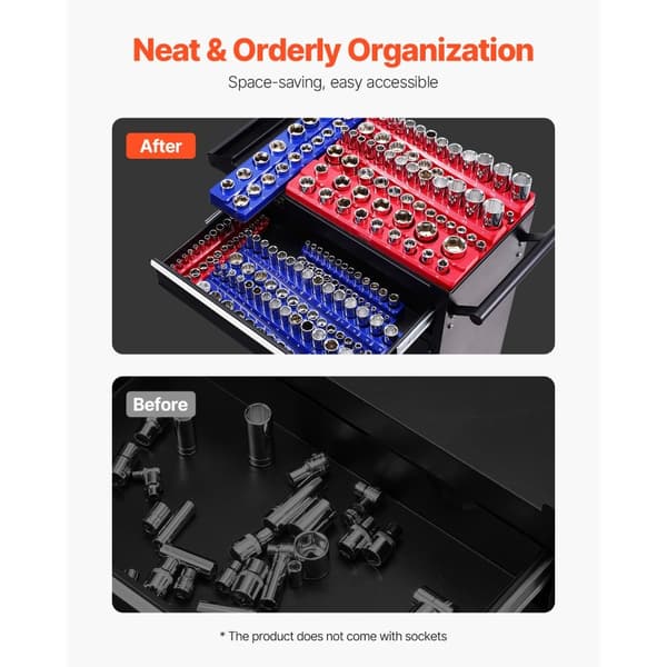 Magnetisk Stikorganisator Sæt 8 STK, Blå & Rød Bakker til Metrisk og SAE, effektiv opbevaring, pladsbesparende design.