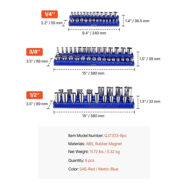Magnetisk Stikorganisator Sæt 8 STK, Blå & Rød Bakker til Metrisk og SAE, effektiv opbevaring, pladsbesparende design.