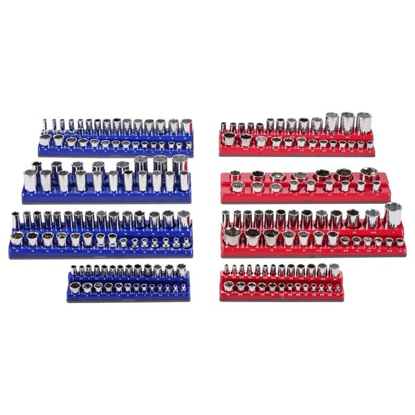 Magnetisk Stikorganisator Sæt 8 STK, Blå & Rød Bakker til Metrisk og SAE, effektiv opbevaring, pladsbesparende design.