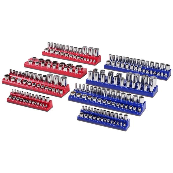 Magnetisk Stikorganisator Sæt 8 STK, Blå & Rød Bakker til Metrisk og SAE, effektiv opbevaring, pladsbesparende design.