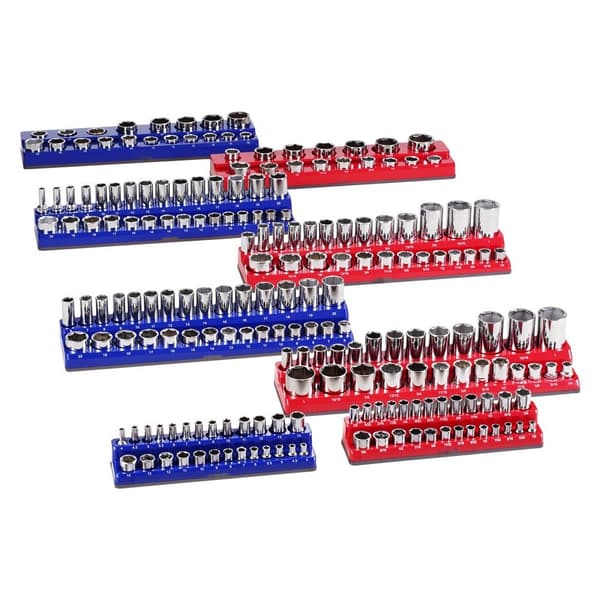 Magnetisk Stikorganisator Sæt 8 STK, Blå & Rød Bakker til Metrisk og SAE, effektiv opbevaring, pladsbesparende design.