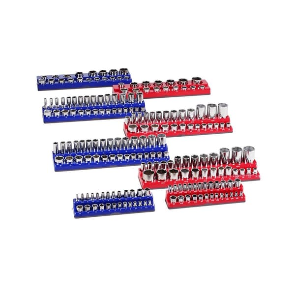 Magnetisk Stikorganisator Sæt 8 STK, Blå & Rød Bakker til Metrisk og SAE, effektiv opbevaring, pladsbesparende design.