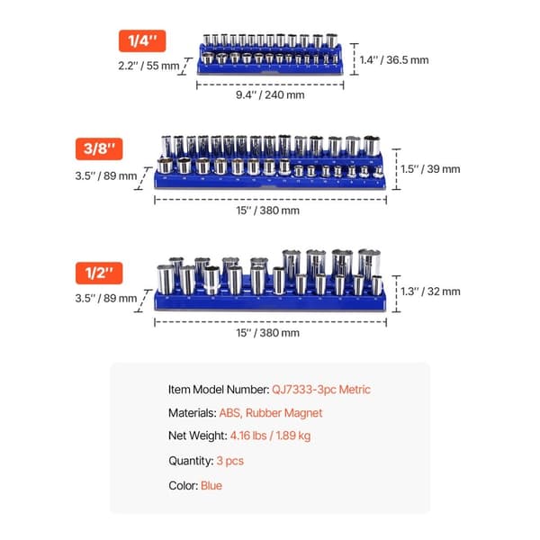 Magneettinen Socket Organizer -sarja, 3 Kpl, Sininen, Metrinen, Käytännölliset ja Monipuoliset Socket-alustat