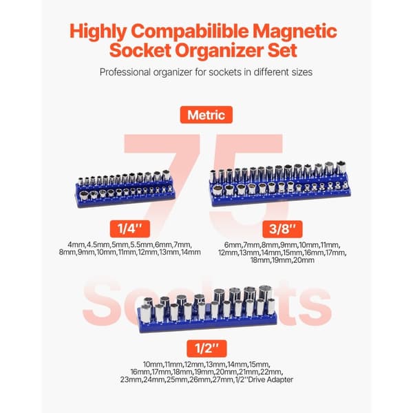 Magneettinen Socket Organizer -sarja, 3 Kpl, Sininen, Metrinen, Käytännölliset ja Monipuoliset Socket-alustat