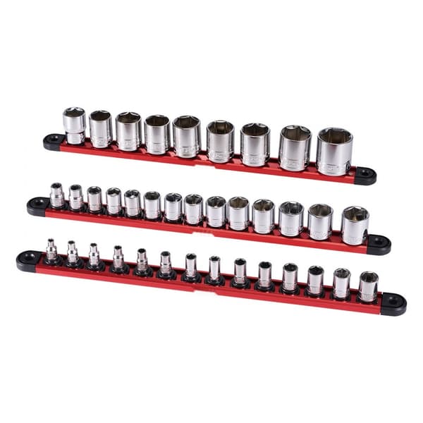 Socket Organizer Rail Sæt 3 STK, Aluminium Skuffeorganisator med 40 Klips, Effektiv Opbevaring, Pladsbesparende Løsning.