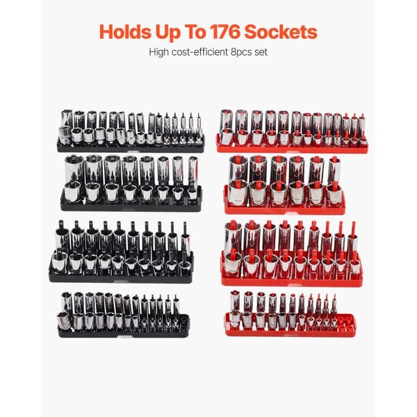 Socket Organizer Sæt 8 STK, Metrisk & SAE, Sort/Rød, Rodder Bakke, Pladsbesparende, Holdbar, Nem At Organisere.