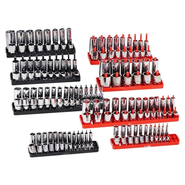 Socket Organizer Sæt 8 STK, Metrisk & SAE, Sort/Rød, Rodder Bakke, Pladsbesparende, Holdbar, Nem At Organisere.