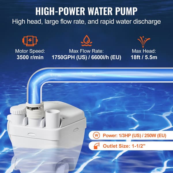 Hyötyaltaan 200W tyhjennyspumppu, 1500 GPH, 18ft pää, 1-1/2 ulostulo, matala tyhjennyspoisto, korroosionkestävä, hiljainen, huviloiden käyttöön
