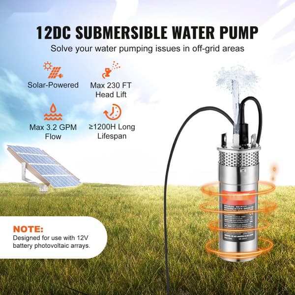 Solenergi Vattenpump 12V DC, 120W dränkbar, Max Flöde 3,2 GPM, Max Höjd 230 ft, Solkraftad pump för bevattning, brunn och gård