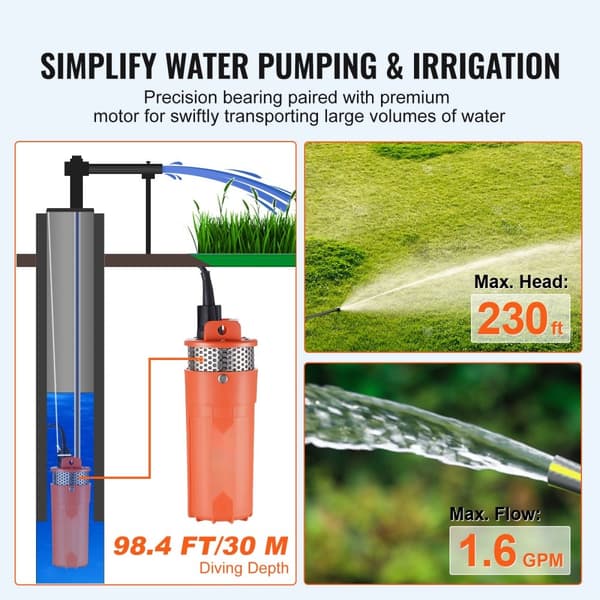 Solfjäder Vattenpump 12V DC 96W, Dränkbar Djupbrunnspump, 1,6 GPM Flöde, 230 ft Höjd, Soldriven för Bevattning och Boskapsdrickning