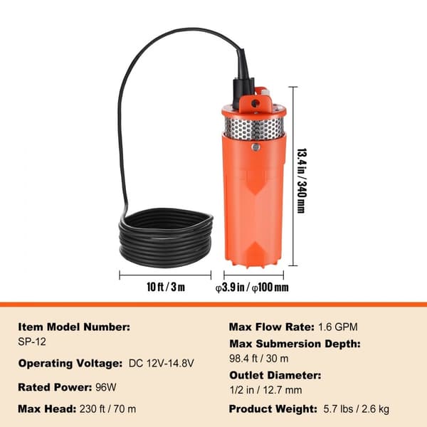 Solfjäder Vattenpump 12V DC 96W, Dränkbar Djupbrunnspump, 1,6 GPM Flöde, 230 ft Höjd, Soldriven för Bevattning och Boskapsdrickning