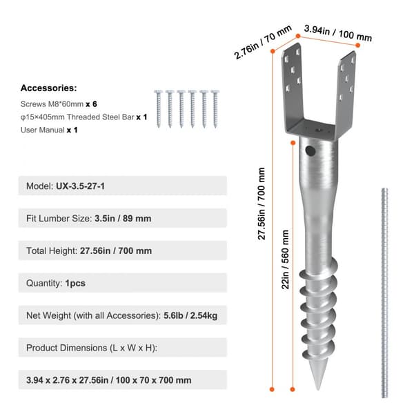 Ground Anchor U-formet, 1 pakke, 3,94x2,76x27,56, gør-det-selv-skrue, inkl. 6 lagbolte, robust stålholder til postkasser og hegn