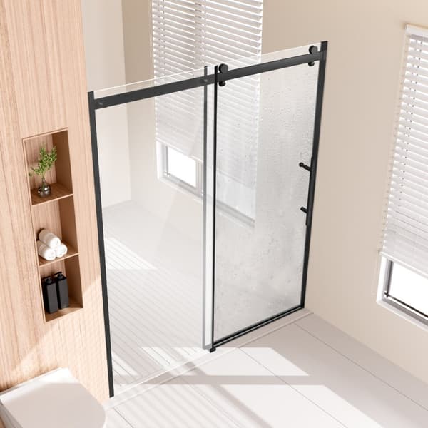 Rammeløs brusedør 58-59' x 75', hærdet glas 5/16', mat sort finish, moderne design, nem installation.