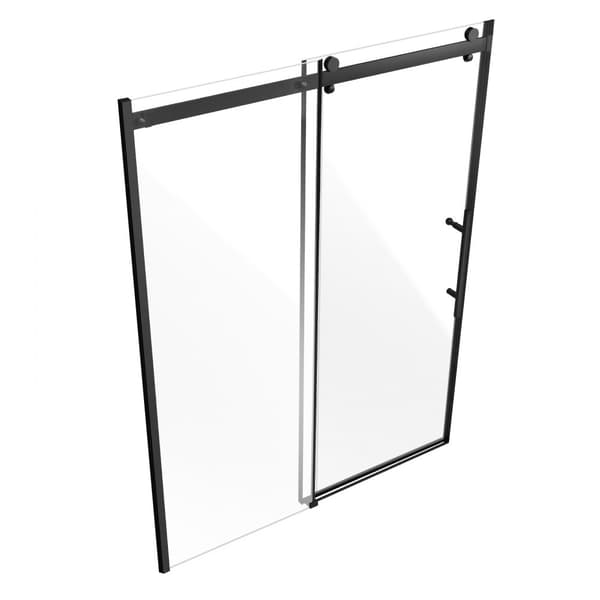 Rammeløs brusedør 58-59' x 75', hærdet glas 5/16', mat sort finish, moderne design, nem installation.
