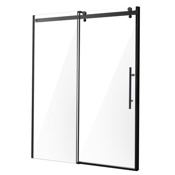 Rammeløs brusedør 58-59' x 75', hærdet glas 5/16', mat sort finish, moderne design, nem installation.