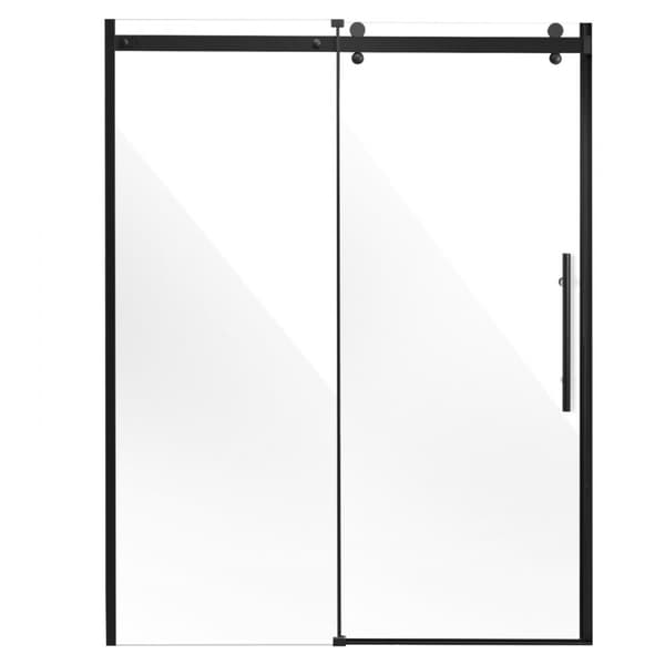 Rammeløs brusedør 58-59' x 75', hærdet glas 5/16', mat sort finish, moderne design, nem installation.