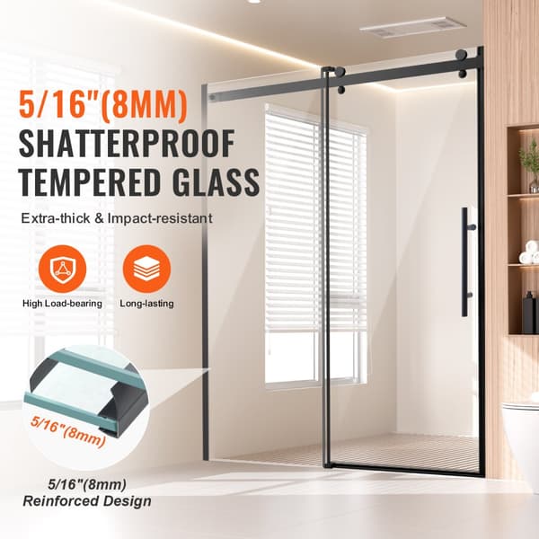 Rammeløs brusedør 58-59' x 75', hærdet glas 5/16', mat sort finish, moderne design, nem installation.