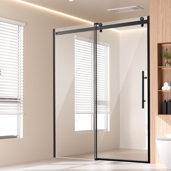 Rammeløs brusedør 58-59' x 75', hærdet glas 5/16', mat sort finish, moderne design, nem installation.